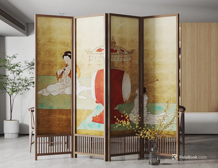 Oriental Folding Screen With Traditional Art In Modern Living Space 3d model 