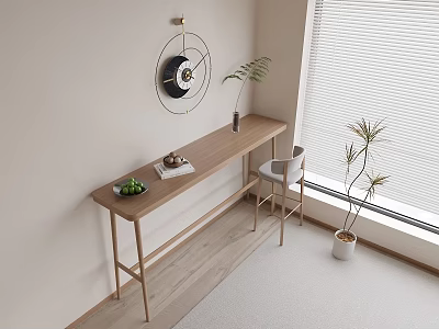 Stylish Modern Clock in Minimalist Interior with Wooden Console Table Fruits Books and Window Plant 3d model