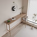 Stylish Modern Clock in Minimalist Interior with Wooden Console Table Fruits Books and Window Plant