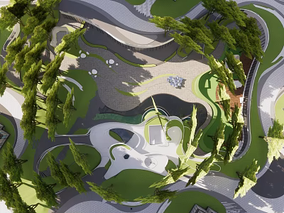 Contemporary Garden Landscape With Winding Paths Lush Lawns Trees And Paved Areas 3d model