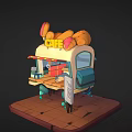 Cartoon Cafe Truck Scene With Donut On Top Awning Menu Board And Brick Floor