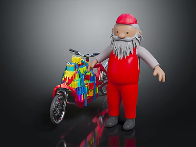 Cartoon Character With Red Hat Gray Beard And Red Outfit Near Colorful Building Blocks Motorcycle 3d model