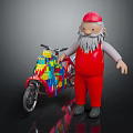 Cartoon Character With Red Hat Gray Beard And Red Outfit Near Colorful Building Blocks Motorcycle