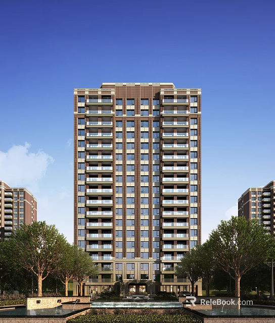 Modern High Rise Residential Building Exterior With Large Windows And Trees 3d model 