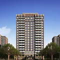 Modern High Rise Residential Building Exterior With Large Windows And Trees