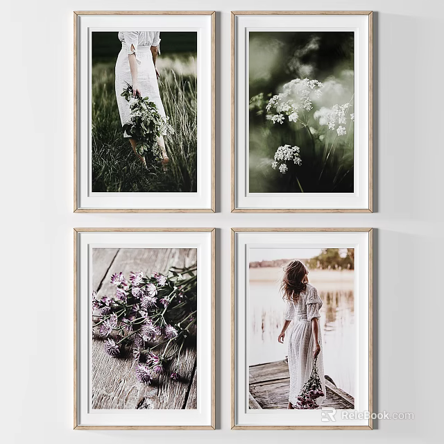 Set of Four Botanical Prints With Wildflowers Grass Wooden Surface And Woman By Lake 3d model 