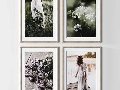 Set of Four Botanical Prints With Wildflowers Grass Wooden Surface And Woman By Lake 3d model