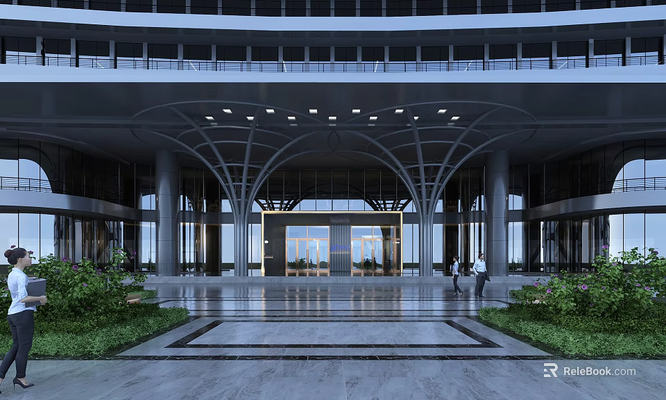 Modern Luxury Building Entrance With Arched Design Glass Doors And Landscaped Plants 3d model 
