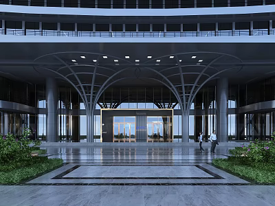 Modern Luxury Building Entrance With Arched Design Glass Doors And Landscaped Plants 3d model