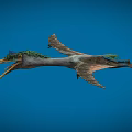 Prehistoric Flying Animal With Green Head Open Beak And Large Wings Flying In Blue Sky