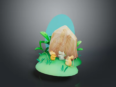 Cartoon Animal Characters with Stone Carvings Green Grass Leaves and Light Blue Background 3d model