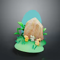 Cartoon Animal Characters with Stone Carvings Green Grass Leaves and Light Blue Background