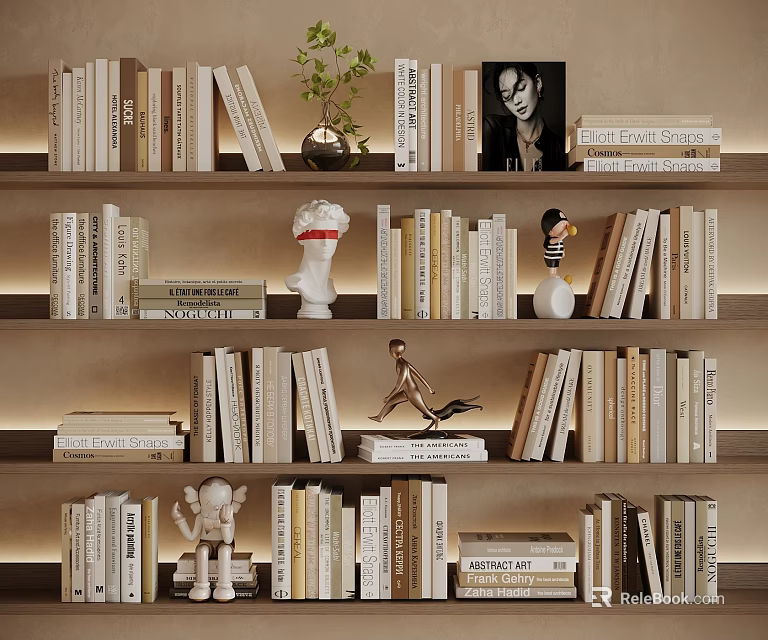 Stylish Home Bookshelf With Stacked Books Decorative Statues Plant And Artwork 3d model 