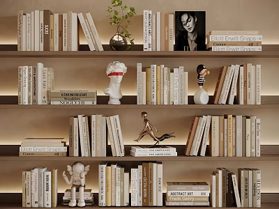 Stylish Home Bookshelf With Stacked Books Decorative Statues Plant And Artwork 3d model