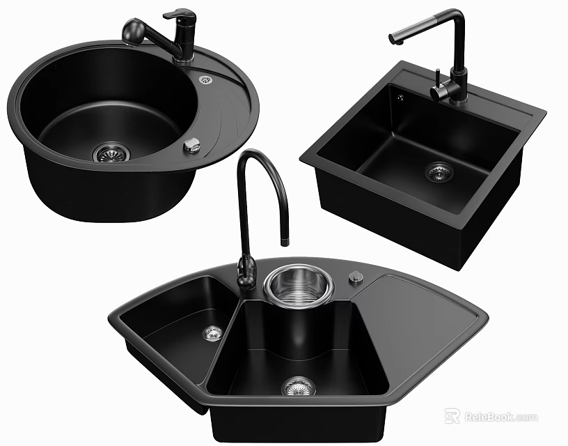Black Kitchen Sinks With Faucet Featuring Round Square And Corner Shapes 3d model 
