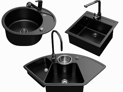 Black Kitchen Sinks With Faucet Featuring Round Square And Corner Shapes 3d model