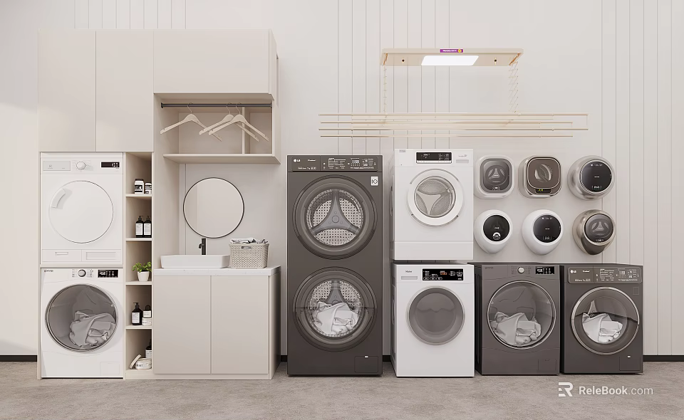 Various Colored Washing Machines In Modern Laundry Room With Storage Cabinets And Hanging Rack 3d model 