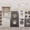 Various Colored Washing Machines In Modern Laundry Room With Storage Cabinets And Hanging Rack