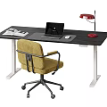 Modern Adjustable Office Desk With Laptop Mouse Magazine Red Lamp And Ergonomic Yellow Chair