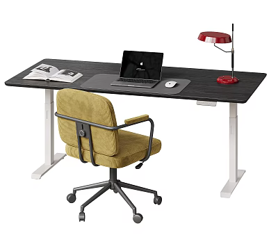 Modern Adjustable Office Desk With Laptop Mouse Magazine Red Lamp And Ergonomic Yellow Chair 3d model