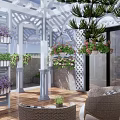 Rooftop Garden Design With Gray Stone Walls White Pergola Wooden Deck And Colorful Flowers