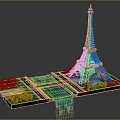Eiffel Tower Model Scene With Scenic Water Pools Roads And Green Plants