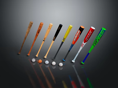 Row of Colorful Baseball Bats and Balls as Sports Equipment 3d model