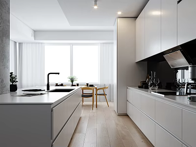 Modern Kitchen Interior Design With White Cabinets Island Counter Wooden Floors Natural Light And Plants 3d model