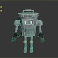 Silver Metal Robot Character With Bucket Shaped Body Eye Windows Arms And Legs