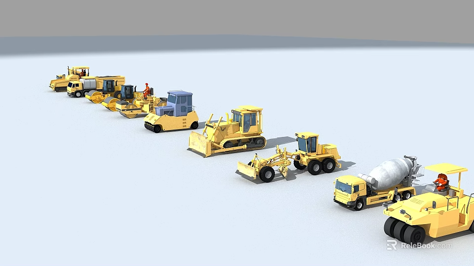 Yellow Construction Utility Vehicles Including Bulldozers Loaders And Concrete Mixers 3d model 