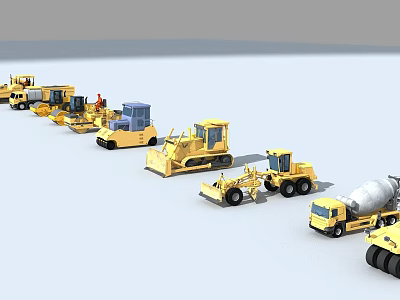 Yellow Construction Utility Vehicles Including Bulldozers Loaders And Concrete Mixers 3d model