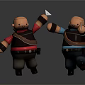 Cartoon Game Characters In Red Blue Outfits Black Vests Holding Tools High Five Lively Pose