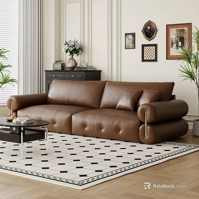 Modern Brown Leather Sofa Coffee Table Set With Geometric Rug And Wall Art 3d model