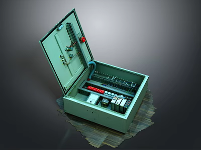 Household Electrical Distribution Box Open with Green Metal Case and Internal Safety Components 3d model
