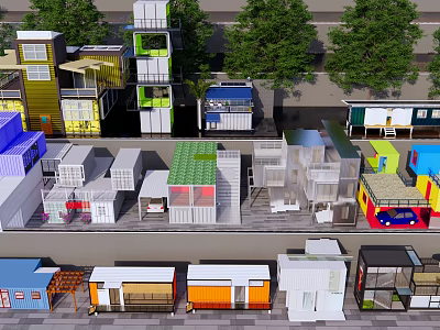 Colorful Container Converted Guesthouse Buildings Featuring Diverse Designs And Trees Around 3d model