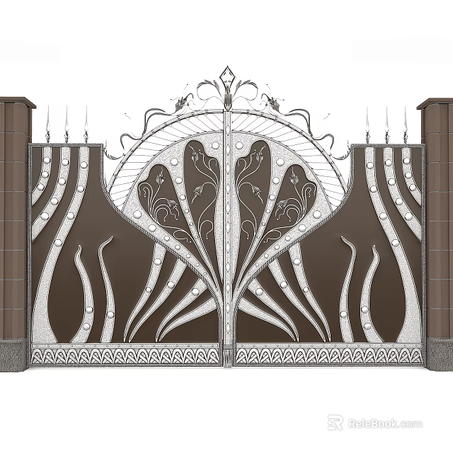Ornate Entrance Gate Design With Symmetrical Decorative Patterns And Side Columns 3d model