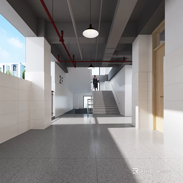 Modern Office Corridor Interior With Staircase Pendant Lights White Walls And Natural Light 3d model 