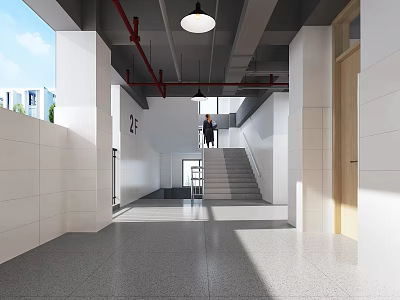 Modern Office Corridor Interior With Staircase Pendant Lights White Walls And Natural Light 3d model