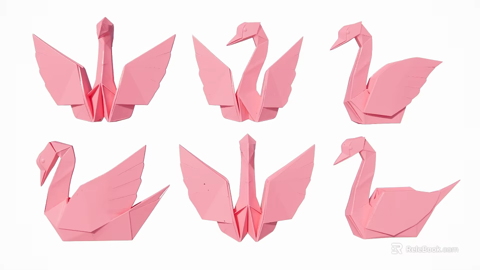 Pink Origami Swan Decorations Arranged In Rows On White Background 3d model