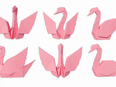 Pink Origami Swan Decorations Arranged In Rows On White Background 3d model