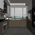 Sleek Modern Kitchen Interior With Light Cabinets Countertop Appliances And Window Blinds