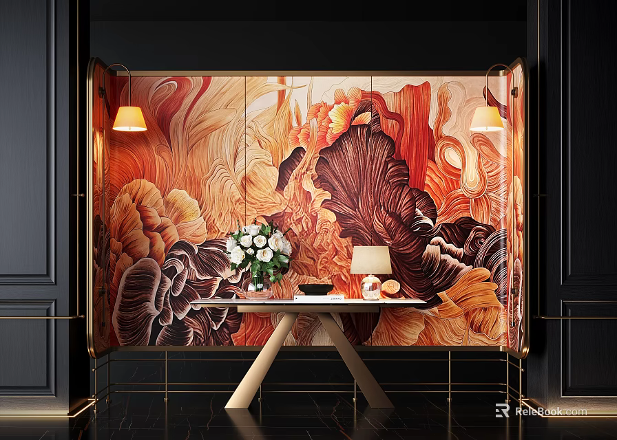 Console Table with Red Orange Floral Mural White Flower Arrangement Lamp and Wall Lamps 3d model 