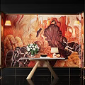 Console Table with Red Orange Floral Mural White Flower Arrangement Lamp and Wall Lamps