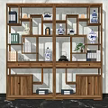 Traditional Chinese Wooden Display Shelf With Blue White Vases Books Small Plants And Drawers