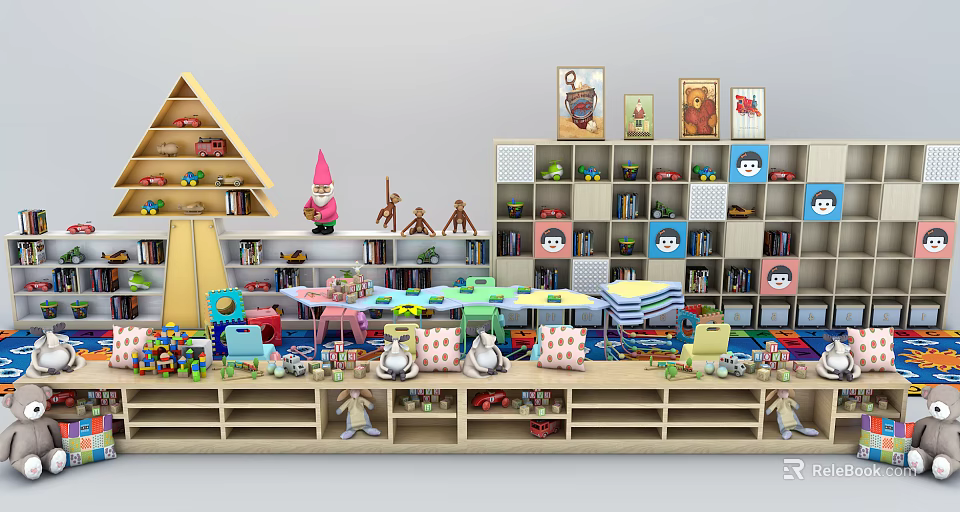 Colorful Multi layer Display Shelves With Kids Toys Books And Stuffed Animals 3d model 