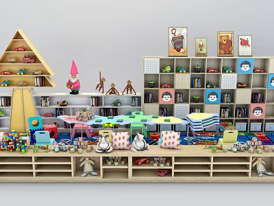 Colorful Multi layer Display Shelves With Kids Toys Books And Stuffed Animals 3d model