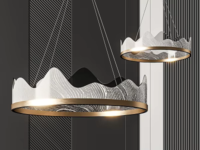 Modern Wave Shaped Chandelier With Golden Frame And Illuminated Light Against Geometric Wall 3d model