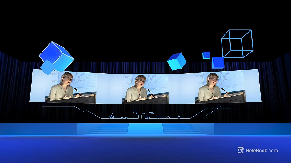 Speaker Presenting At Podium With Blue Cubes And Geometric Shapes On Background Screen 3d model 