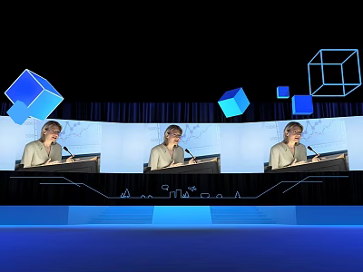 Speaker Presenting At Podium With Blue Cubes And Geometric Shapes On Background Screen 3d model