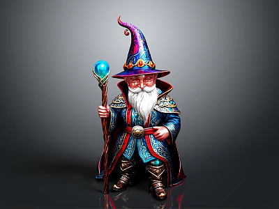 Gnome Wizard With Decorative Hat Holding Blue Gem Staff In Ornate Robe And White Beard 3d model